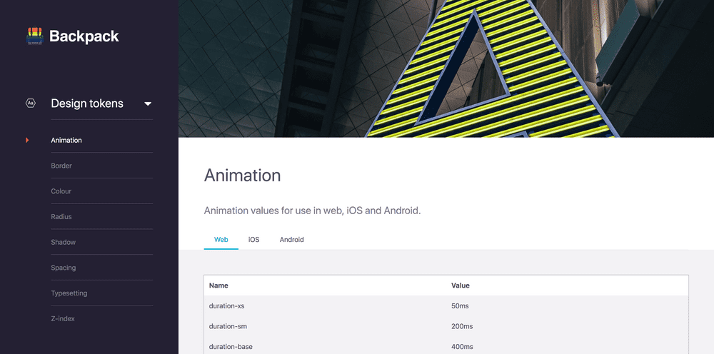 Screenshot of Skyscanner Backpack design system token page