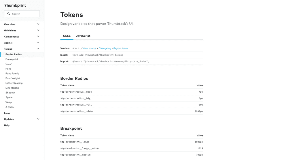 Screenshot of Thumbprint design system token page